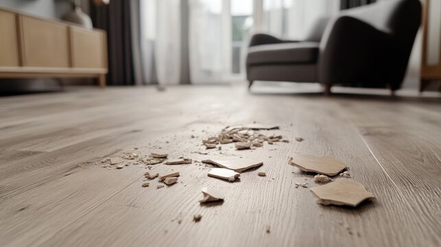 Broken tile on wooden floor in home interior