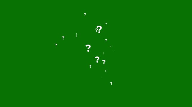 Animated question mark symbols moving on green screen background with particle effects, white thin line icons, seamless loop HD 4K motion graphics for asking, problem, why concept videos