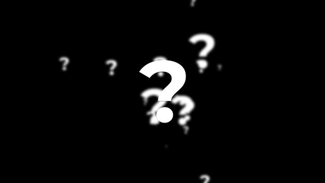 Cartoon comic question marks animation with transparent black background alpha channel, white symbols flying and popping up with particles, seamless loop 4K motion graphics for creative video projects