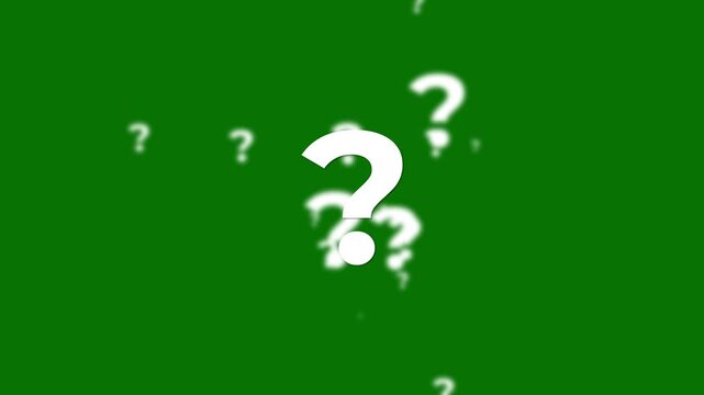 Cartoon comic question marks animation with transparent green background alpha channel, white symbols flying and popping up with particles, seamless loop 4K motion graphics for creative video projects