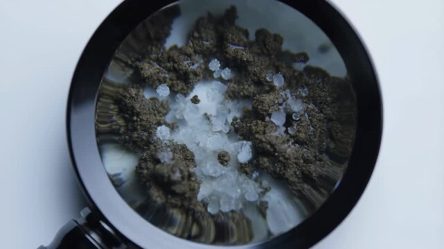 Magnifying glass over soil sample with white crystals, detailed macro view, research and analysis concept
