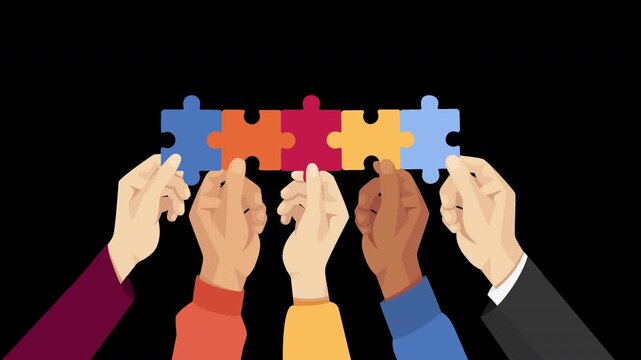 Puzzle pieces coming together with hands in business clothes. Teamwork and collaboration concept. Isolated on transparent background alpha channel.	
