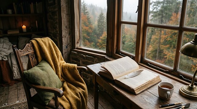 Cozy cabin interior with chair blanket pillow book and cup of coffee on wooden desk by large window overlooking autumn forest