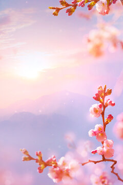 First day of spring cherry blossom mountain background