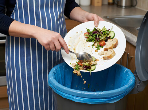 Household food waste being scraped into trash bin with blue liner in kitchen environment.