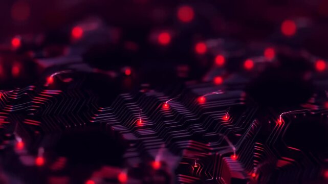 Processor chip microelectronic circuit with glowing red connections and intricate pathways, science technology abstract background