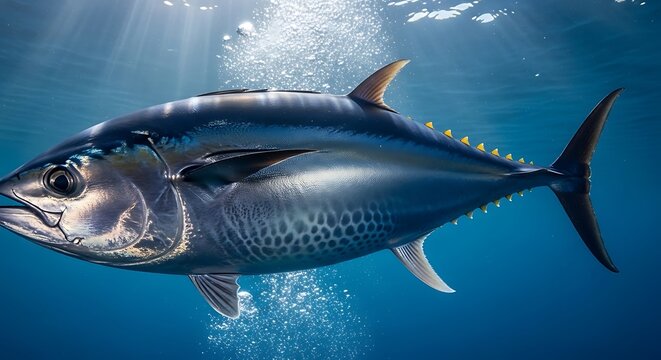 Majestic tuna swims in clear blue ocean water with sun rays filtering from above