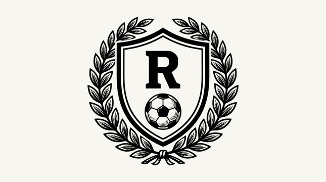 Soccer Football Club Emblem with Letter R and Laurel Wreath, isolated white background.