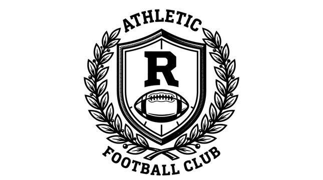 Athletic Football Club Emblem with Letter R, American Football, and Laurel Wreath, isolated white background.