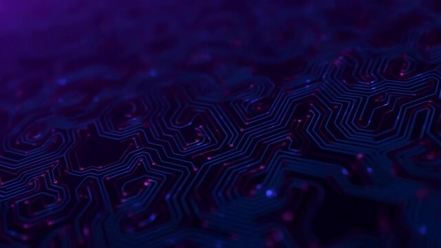 Circuit board macro with intricate blue and purple pathways and glowing nodes, technology background.