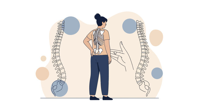 Woman with back pain, chiropractic care, spine anatomy illustration