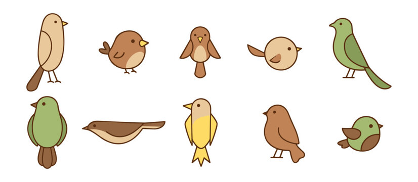 set of cartoon birds vector illustration, bird icons collection, bird shapes and designs on transparent background