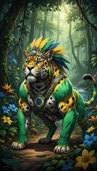 Fototapeta premium Jaguar wearing headdress and chest armor with colors of Brazil flag in lush tropical forest. Symbolic representation of national pride, independence and wilderness spirit. Wild cat.