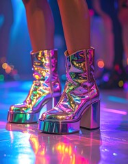 Shimmering platform boots on a dance floor with blurred lights