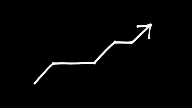 Hand-drawn, white, line, graph, animation, on, black, background, showing, upward, growth, trend, with, arrow, perfect, for, financial, reports, and, cinematic, storytelling.
