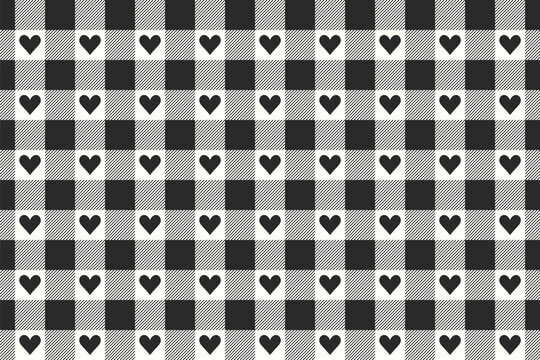 Black And White Vichy Background With Heart. Gingham Seamless Pattern. Valentines Day Print.