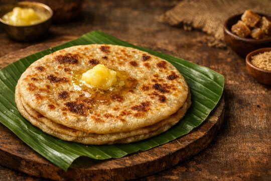 Puran poli served on banana leaf with ghee topping. Traditional Indian flatbread sweet made for Gudi Padwa festival celebration. Authentic Maharashtrian cuisine dessert food item.