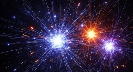 Fototapeta premium Abstract illustration of energetic bursts, glowing orbs, and radiant trails against darkness