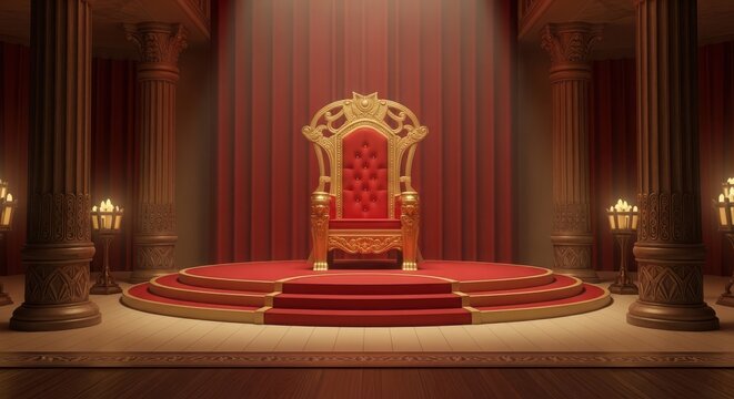 Grand ornate golden throne on a red carpeted dais in a majestic hall