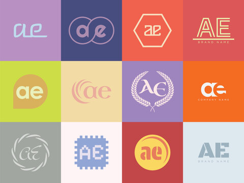 AE logo company template. Letter a and e logotype. Set different classic serif lettering and modern bold text with design elements. Initial font typography.
