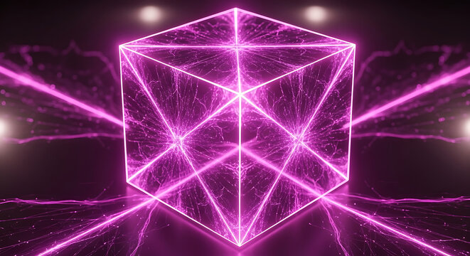 Glowing pink neon geometric shape, futuristic wireframe cube, purple abstract background, 3D render