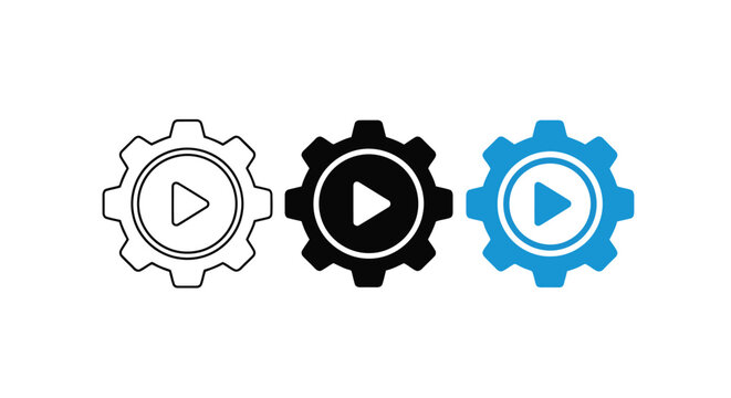 Three stylized gear icons with play buttons representing different media states or versions Vector