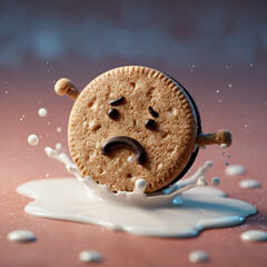 Fototapeta premium Playful Chocolate Chip Cookie Character with Milk Splashes and Expressive Face