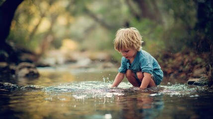 Fototapeta premium child playing in shallow river with blured nature background