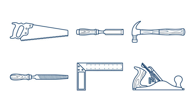 Essential Woodworking Hand Tools Icon Set with Chisel, Hammer, File, Carpenter's Square, and Plane on Isolated White Background