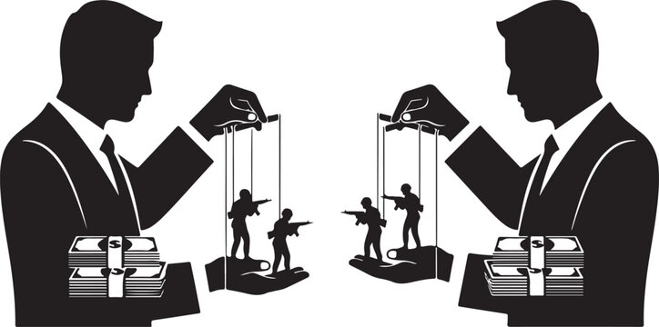 businessmen controlling soldiers as puppets with money stacks symbolizing war profiteering political manipulation conflict funding and hidden power influence concept