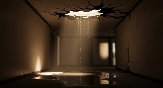 Water leaking through a hole in a cracked ceiling into a puddle
