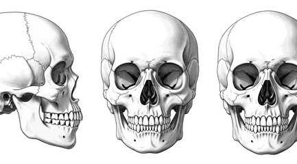Human skull anatomy, side and front view, detailed medical illustration © S.Siam