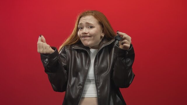 Woman in leather jacket pinching fingers and holding car keys against a red studio backdrop to show tiny size; wry skepticism doubt.