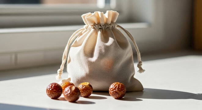 Soapnuts in cotton bag displayed on bright windowsill, showcasing natural eco friendly laundry solution.