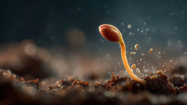 Macro close-up of seed sprouting with tiny root emerging from moist soil in soft light. Concept of activation, early growth trigger, and invisible biological processes starting life.