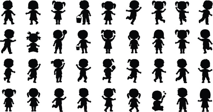 Large collection of diverse toddler silhouettes including boys and girls playing, running, and jumping for childhood education and daycare design