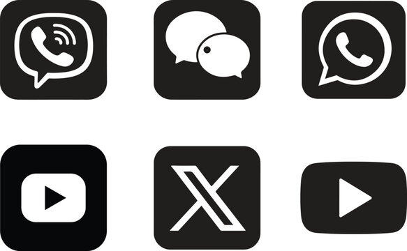 Viber WeChat WhatsApp YouTube X Play Social Media Icons Black and White Flat Design