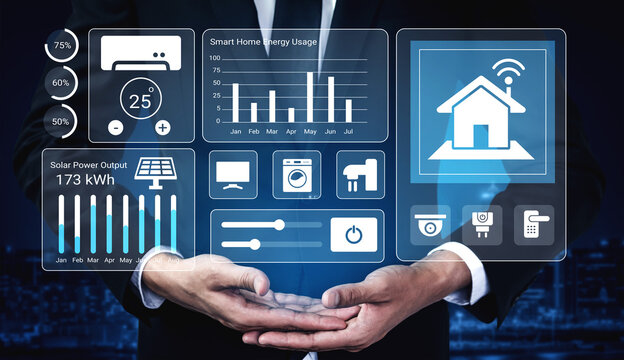 A sleek smart home control interface showcases energy usage and solar output stats. A professional presents this innovative technology for efficient home management. Gantry