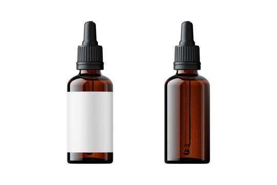 Brown serum dropper glass bottle with empty label isolated on background. Skincare concept. Organic natural cosmetic product. Mockup, minimal style.3d rendering.