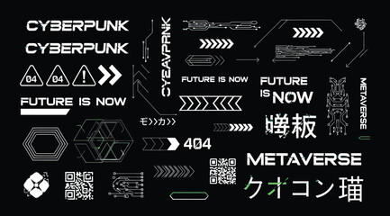 Fototapeta premium Cyberpunk futuristic ui elements set, digital interface hud, technology vector graphics, metaverse design assets, scifi geometric shapes and arrows