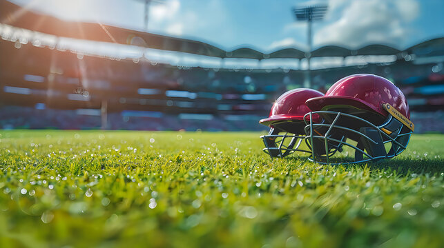 Two red cricket helmets resting on green grass field inside sunny cricket stadium with sunlight flare