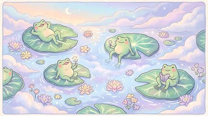 Naklejka premium Frogs on lily pads in water.