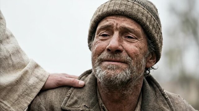 A caring hand touches a dirty old mans shoulder, conveying solace and hope from a divine presence, a moment of profound spiritual connection