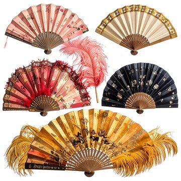 Ornate hand fans arrayed with unique designs and colors, plus a pink feather