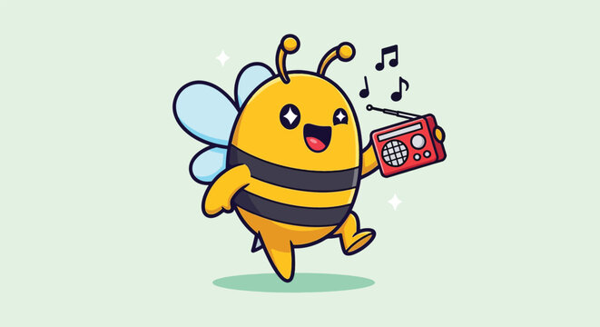 Cute cartoon bee dancing and listening to music on a retro radio.