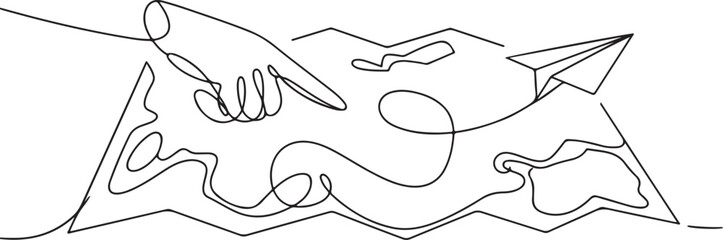 Pointing location at map and paper plane, hand drawn way destination continuous contour, One Continuous line drawing of aircraft flight routes and airport destinations.  © Misho x Mamun