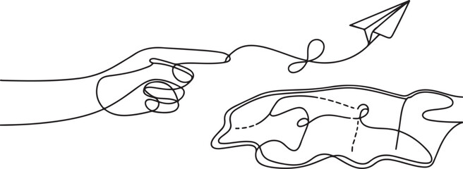 Pointing location at map and paper plane, hand drawn way destination continuous contour, One Continuous line drawing of aircraft flight routes and airport destinations. © Misho x Mamun