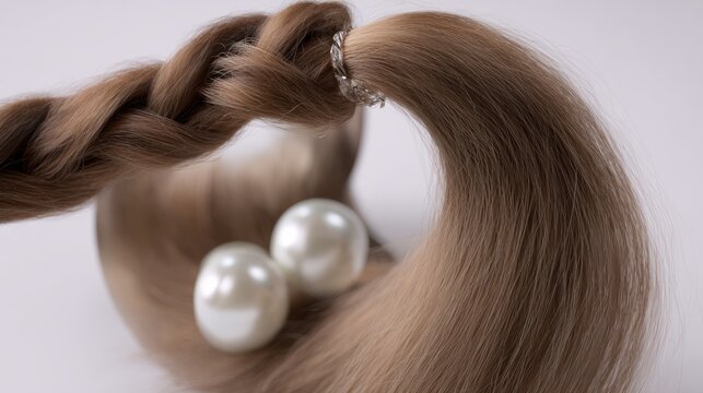 Close up of blonde braid and shiny pearls on neutral backdrop composition