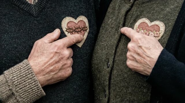 Older man and woman pointing at sacred heart patches on their chests, devotion to Jesus Christ