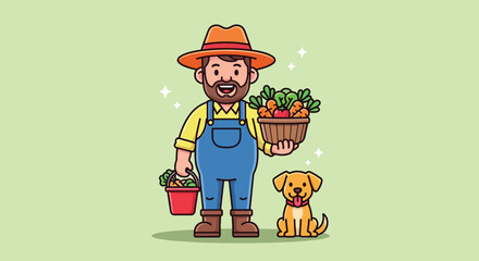Happy farmer with his dog and fresh harvest of vegetables. © NFS Studio
